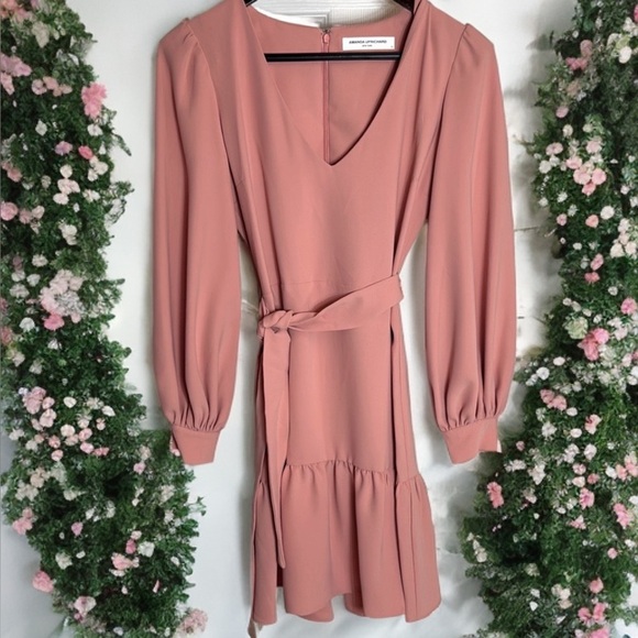 Amanda Uprichard Soft Pink V-Neck Mini Dress Bishop Sleeves Classic XS - Picture 10 of 12
